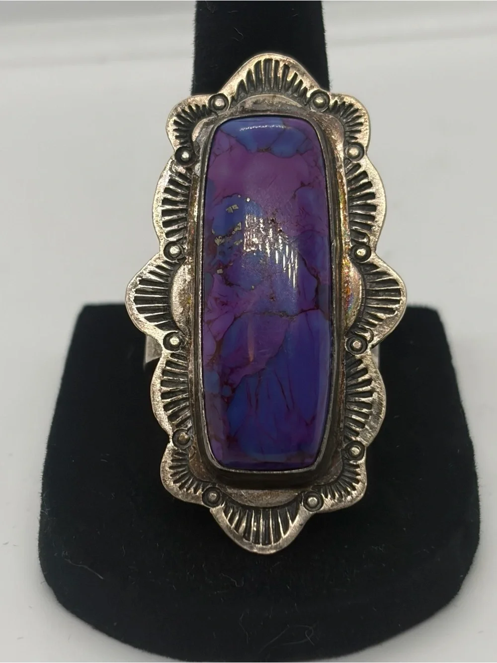 VINTAGE NAVAJO ROCKI GORMAN/KC COOK PURPLE STONE STERLING SILVER RING SIZE 10